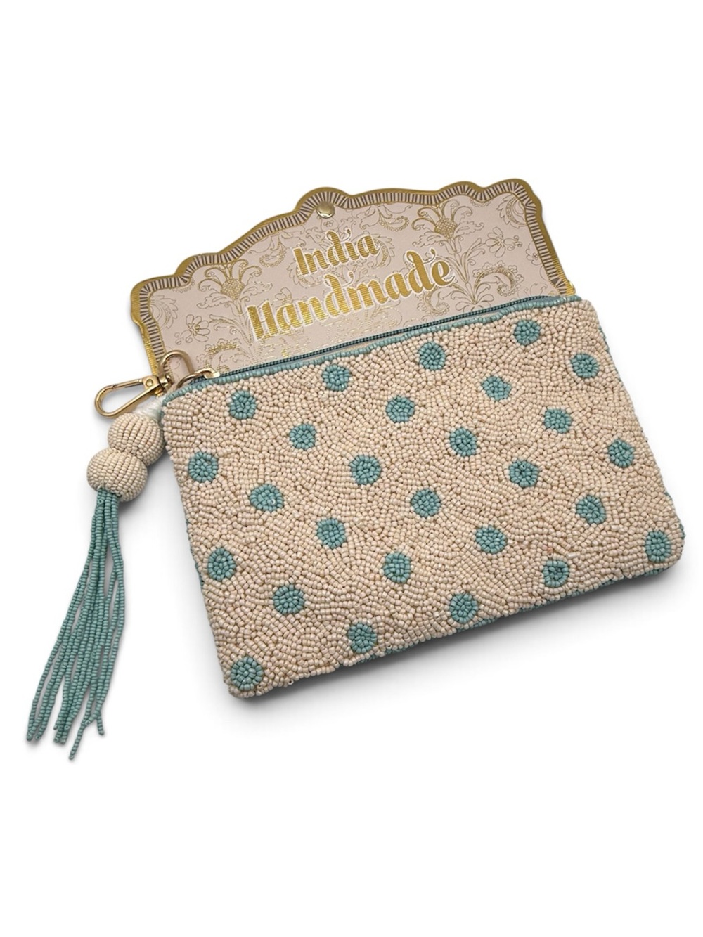 NWT India Handmade Beaded Clutch Cream Aqua Polka Dot Tassel Wristlet